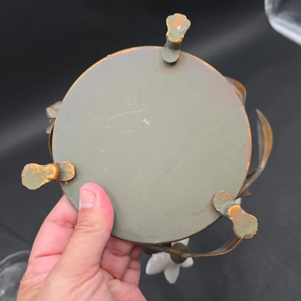 Vintage Ceramic Lily Floral Glass Vase Candle Holder Metal Base Centerpiece